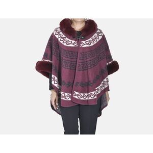 Tamsy Cranberry Half Moon Faux Fur Lined Hooded Poncho with Snap on Button